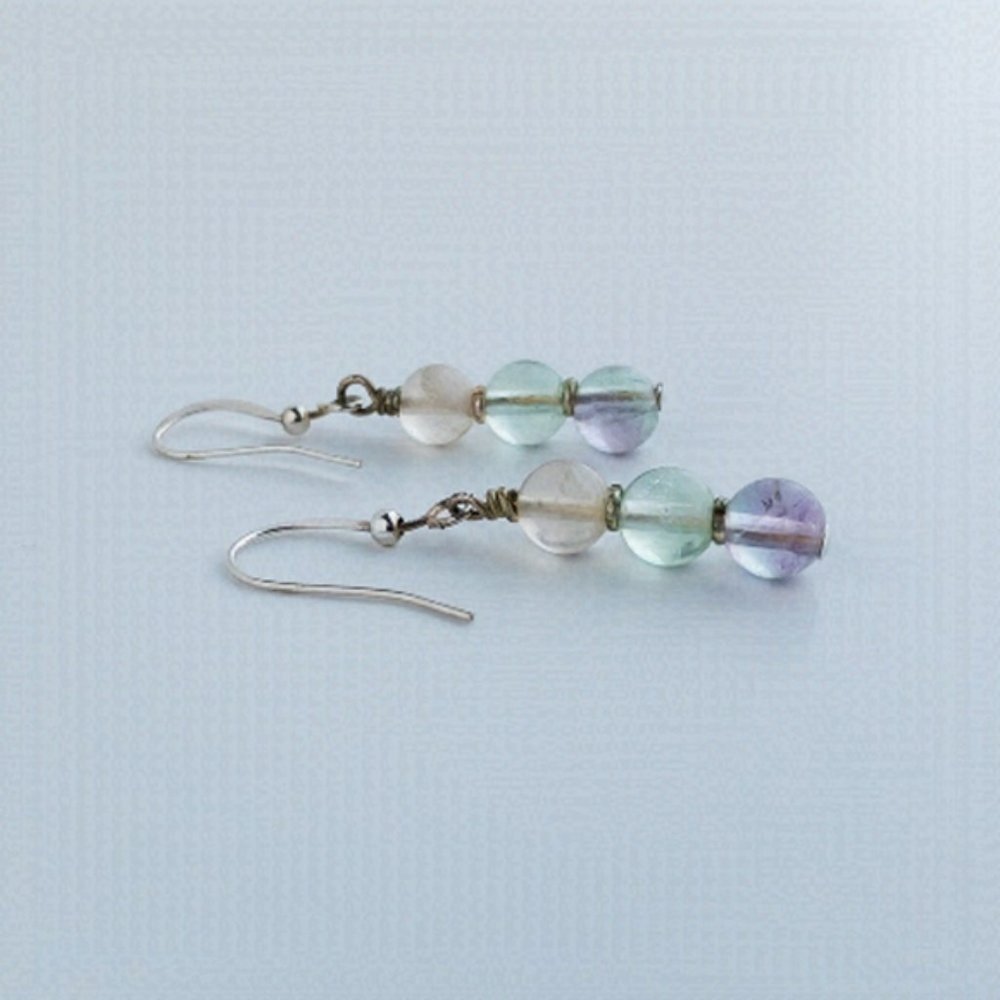 MULTICOLOR Rainbow Fluorite Earrings Round Beaded Natural Stone Semi Precious